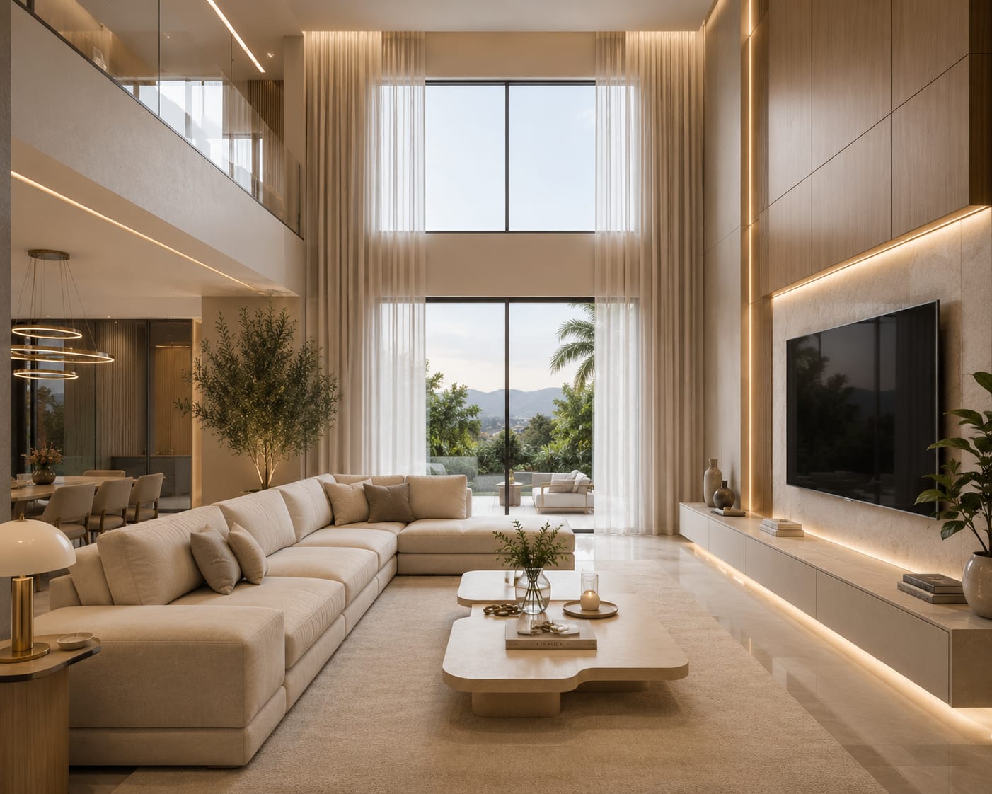 Living integrado com pé-direito duplo projetado pela Lima Ambientes