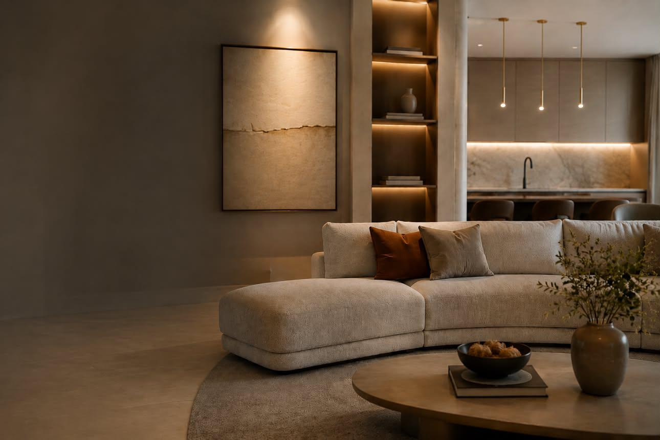 Living com iluminação quente, marcenaria e sofá curvo projetado pela Lima Ambientes